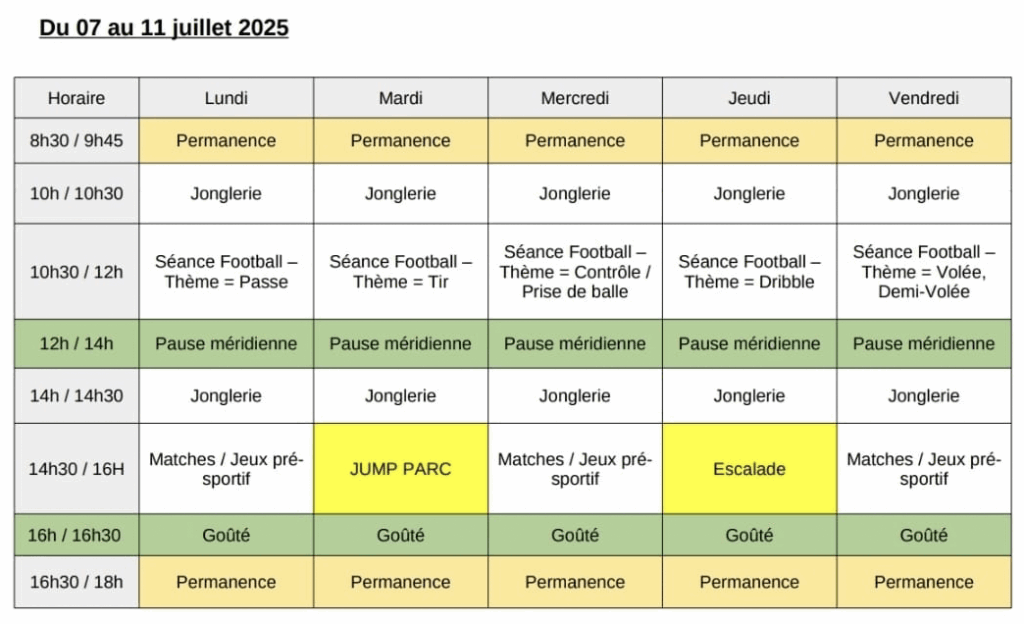 Planning du stage de foot de juillet du CPFC