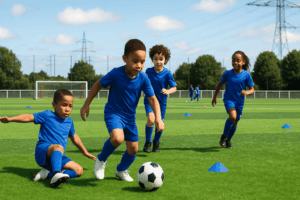 4 jeunes enfants en tenue de football bleue et qui jouent au foot