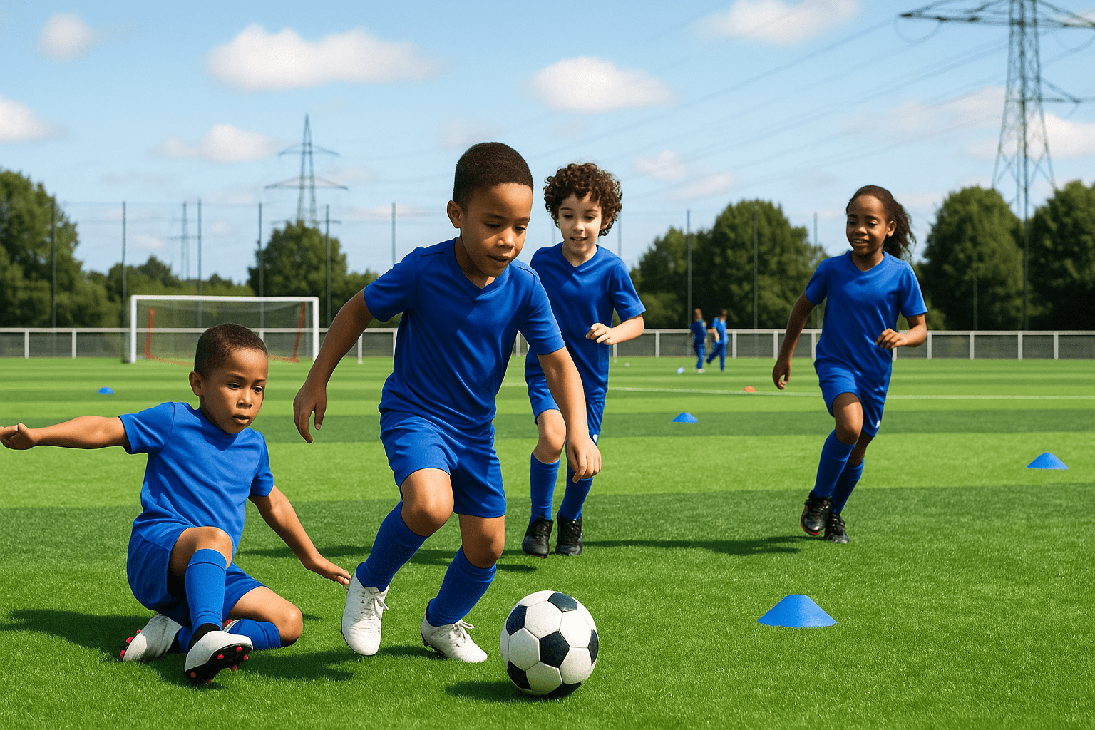 4 jeunes enfants en tenue de football bleue et qui jouent au foot